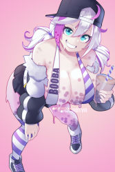 Rule 34 | 1girl, aqua eyes, bare shoulders, baseball cap, black skirt, booba-chan, breasts, bubble tea, cleavage, cross-laced footwear, cup, drinking straw, grin, hat, highres, holding, holding cup, hot vr, jacket, large breasts, long hair, long sleeves, miniskirt, multicolored hair, original, pink hair, pixiv username, skirt, smile, solo, streaked hair, striped clothes, striped thighhighs, thighhighs, twintails, white hair
