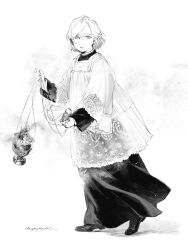 Rule 34 | 1boy, androgynous, cassock, censer, chain, child, christianity, commentary, full body, greyscale, hair over one eye, highres, holding, lace-trimmed sleeves, lace trim, layered clothes, long sleeves, looking at viewer, monochrome, original, robe, shoes, short hair, smoke, solo, standing, swept bangs, symbol-only commentary, walking, yayayoshi