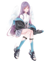 Rule 34 | 1girl, angel wings, black footwear, black jacket, blue socks, breasts, closed mouth, collared shirt, feathered wings, full body, green eyes, grey skirt, highres, invisible chair, jacket, long hair, long sleeves, looking at viewer, medium breasts, off shoulder, open clothes, open jacket, original, pleated skirt, purple hair, shirt, shoes, simple background, sitting, skirt, sneakers, socks, solo, srnmomo, very long hair, white background, white shirt, white wings, wings