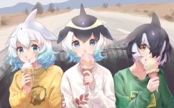 Rule 34 | 3girls, alternate costume, black hair, blonde hair, blowhole, blue eyes, blue hair, casual, chicha (chi cha rigbo), common bottlenose dolphin (kemono friends), common dolphin (kemono friends), dolphin fin, dorsal fin, food, green sweater, hair over one eye, ice cream, ice cream cone, kemono friends, multicolored hair, multiple girls, one-piece swimsuit, orca (kemono friends), short hair, sweater, swimsuit, two-tone hair, white hair, white one-piece swimsuit, white sweater, yellow eyes, yellow sweater