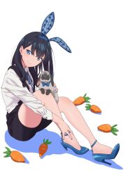 Rule 34 | 1girl, alternate costume, animal ears, black hair, blue eyes, blue footwear, blue hairband, blue nails, blue ribbon, carrot, closed mouth, commentary request, cunepero, eyelashes, fake animal ears, frilled shirt, frills, full body, gridman universe, hairband, hand on own leg, head tilt, high heels, highres, holding, knees up, legs, long hair, long sleeves, neck ribbon, overall shorts, overalls, rabbit ears, ribbon, shadow, shirt, sidelocks, simple background, sitting, smile, solo, ssss.gridman, strappy heels, takarada rikka, thighs, white background, white shirt