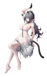 Rule 34 | 1girl, animal ears, antenna hair, arknights, arm up, bare shoulders, breasts, cat ears, cat tail, closed mouth, dress, from side, full body, gloves, grey hair, halter dress, halterneck, highres, large breasts, long hair, messy hair, multicolored hair, navel, necktie, partially fingerless gloves, ponytail, profile, schwarz (arknights), see-through, see-through dress, sideboob, sideways glance, simple background, smile, streaked hair, tail, torn clothes, torn dress, white background, white dress, yellow eyes, yunlingluo