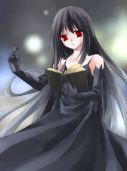 Rule 34 | 1girl, bare shoulders, black dress, black gloves, black hair, book, chronica, chronicle 2nd, collarbone, dress, elbow gloves, female focus, gloves, holding, holding book, long hair, looking at viewer, open book, red eyes, sleeveless, sleeveless dress, solo, sound horizon, very long hair