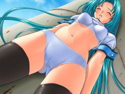 Rule 34 | 00s, 1girl, akiyama miho, artist request, black thighhighs, blue bra, blue eyes, blue panties, body transfer, bra, clothes lift, copyright request, from below, game cg, green hair, lace, lace-trimmed bra, lace-trimmed panties, lace trim, long hair, navel, nikutai ten&#039;i, no pants, nobu toshi, panties, parted lips, shirt lift, short sleeves, silky&#039;s, sleeve cuffs, solo, thighhighs, underwear, white bra, white panties