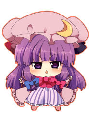 Rule 34 | 1girl, bad id, bad pixiv id, chestnut mouth, chibi, crescent, female focus, frown, looking at viewer, matatabi maru, outstretched arms, patchouli knowledge, purple eyes, purple hair, solo, spread arms, touhou