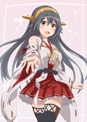 Rule 34 | 1girl, absurdres, black hair, boots, breasts, brown eyes, cowboy shot, detached sleeves, frilled skirt, frills, hair ornament, hairband, hairclip, haruna (kancolle), haruna kai ni (kancolle), headgear, highres, japanese clothes, kantai collection, long hair, medium breasts, miracan, nontraditional miko, open mouth, red skirt, ribbon-trimmed sleeves, ribbon trim, skirt, solo, standing, thigh boots, wide sleeves