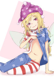 Rule 34 | 1girl, american flag dress, american flag legwear, arm support, blonde hair, clothes lift, clownpiece, collar, dress, dress lift, fairy wings, frilled collar, frilled shirt collar, frills, hat, highres, jester cap, lifting own clothes, long hair, looking at viewer, miki nezumi, naughty face, navel, no panties, pantyhose, polka dot, purple eyes, shirt lift, short sleeves, simple background, sitting, smile, smug, solo, striped clothes, striped dress, striped pantyhose, touhou, wings