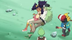 Rule 34 | 1girl, 3boys, animated, animated gif, ash ketchum, brown eyes, cilan (pokemon), creatures (company), dark skin, game freak, gen 1 pokemon, green hair, hat, iris (pokemon), lowres, multiple boys, n (pokemon), nintendo, pikachu, pokemon, pokemon (anime), pokemon (creature), purple hair, sexually suggestive
