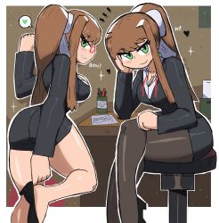 Rule 34 | 1girl, absurdres, ass, black footwear, black jacket, black pantyhose, black skirt, blush, breasts, brown hair, chair, cleavage, collarbone, cup, desk, doki doki literature club, earrings, glasses, green eyes, hair ribbon, head rest, heart, high heels, highres, jacket, jewelry, large breasts, long hair, long sleeves, looking at viewer, looking back, monika (doki doki literature club), multiple views, neck ribbon, office, office chair, office lady, pantyhose, paper, pen, pencil skirt, ponytail, red ribbon, ribbon, shirt, shoes, sidelocks, sitting, skirt, smile, sparkle, spoken heart, standing, standing on one leg, swivel chair, thick thighs, thighs, tony welt, undone neck ribbon, white ribbon, white shirt