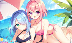Rule 34 | 2girls, :d, aoi yun, bare shoulders, beach umbrella, bendy straw, bikini, black bikini, black choker, blue hair, blue sky, blurry, blurry foreground, blush, breasts, choker, cleavage, closed mouth, cloud, collarbone, commentary request, cup, day, depth of field, drinking glass, drinking straw, frilled bikini, frills, green eyes, hair between eyes, hair over one eye, horizon, large breasts, multiple girls, navel, ocean, open mouth, original, outdoors, palm tree, pillow, pink hair, purple eyes, sky, smile, swimsuit, tree, umbrella, water