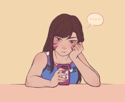 Rule 34 | ..., 1girl, bare arms, bare shoulders, blush, brown eyes, brown hair, camisole, cellphone, d.va (overwatch), facepaint, facial mark, head rest, holding, holding phone, long hair, looking at viewer, murasaki-yuri, overwatch, overwatch 1, phone, smartphone, solo, spoken ellipsis, upper body, whisker markings