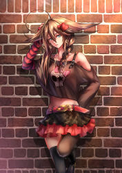 Rule 34 | 10s, 1girl, against wall, ahoge, alternate costume, black thighhighs, blue eyes, braid, breasts, brick wall, brown hair, casual, cowboy shot, earrings, futari no sei, hair flaps, hair over shoulder, hand in own hair, heart, highres, huge ahoge, jewelry, kantai collection, long hair, looking at another, midriff, miniskirt, navel, necklace, parted lips, scratching head, shigure (kancolle), shigure kai ni (kancolle), single braid, skirt, solo, standing, standing on one leg, thighhighs