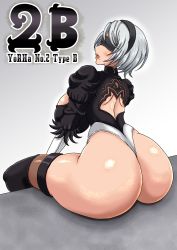 Rule 34 | 1girl, android, ass, blindfold, breasts, from behind, highres, huge ass, large breasts, leotard, nier (series), nier:automata, open mouth, shiny skin, short hair, sideboob, silver hair, solo, thighhighs, thong leotard, tonshirou (christar), wedgie, 2b (nier:automata)