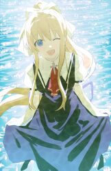 Rule 34 | 1girl, air (visual novel), ascot, black dress, blonde hair, blue eyes, commentary, cross, day, dress, feet out of frame, hair ribbon, high ponytail, highres, holding, holding clothes, holding skirt, kamio misuzu, long hair, looking at viewer, one eye closed, open mouth, outdoors, puffy short sleeves, puffy sleeves, red ascot, ribbon, school uniform, short sleeves, sidelocks, skirt, smile, solo, sorashiro (neineiru), standing, tareme, very long hair, water
