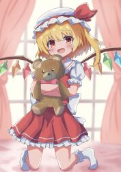 Rule 34 | 1girl, absurdres, back bow, bear, blonde hair, bow, bowtie, collared shirt, crystal, curtains, flandre scarlet, frilled skirt, frills, hat, hat ribbon, high meron, highres, hugging object, indoors, kneeling, mob cap, no shoes, one side up, open mouth, puffy short sleeves, puffy sleeves, red bow, red bowtie, red eyes, red ribbon, red skirt, red vest, ribbon, shirt, short hair, short sleeves, skirt, smile, socks, solo, stuffed animal, stuffed toy, teddy bear, touhou, vest, white bow, white hat, white shirt, white socks, window, wings