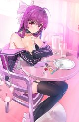 Rule 34 | 1girl, ahoge, animal bag, bag, bare shoulders, black collar, black jacket, black thighhighs, blush, bow, breasts, chair, collar, collarbone, commentary request, damda, fate/grand order, fate (series), fork, glass, hair intakes, jacket, large breasts, long hair, long sleeves, looking at viewer, off-shoulder jacket, off shoulder, pink bag, pink eyes, pink footwear, pink jacket, pink skirt, plate, pleated skirt, purple hair, red eyes, scathach (fate), shoes, sitting, skirt, solo, table, thighhighs, white bow