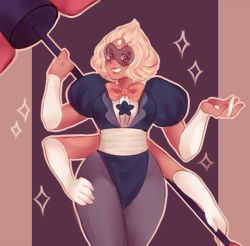 Rule 34 | 1girl, extra arms, extra eyes, hammer, highres, looking at viewer, open mouth, orz (kagewaka), pantyhose, sardonyx (steven universe), simple background, smile, solo, sparkle, steven universe, war hammer, warhammer, weapon