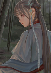 Rule 34 | 1girl, artist name, back, bamboo, bamboo forest, braid, female focus, fkey, forest, grey hair, hair ornament, highres, long hair, nature, original, purple eyes, solo