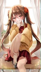 Rule 34 | 1girl, alternate costume, black footwear, blurry, blush, bow, bowtie, brown hair, collared shirt, colored tips, curtains, day, flower, flower-shaped pupils, foot out of frame, genshin impact, gradient hair, grin, hair flower, hair ornament, hand up, highres, hu tao (genshin impact), index finger raised, knee up, loafers, long hair, looking at viewer, miniskirt, multicolored hair, on table, plaid, plaid bow, plaid bowtie, plaid skirt, plant, plum blossoms, potted plant, red bow, red bowtie, red eyes, red flower, red skirt, rono (vhpt2284), school uniform, shirt, shoes, sidelocks, sitting, skirt, sleeves past fingers, sleeves past wrists, slim legs, smile, socks, solo, sweater, symbol-shaped pupils, table, twintails, very long hair, white shirt, white socks, window, wing collar, yellow sweater
