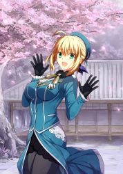 Rule 34 | 1girl, ahoge, artoria pendragon (all), artoria pendragon (fate), atago (kancolle), atago (kancolle) (cosplay), bad id, bad pixiv id, beret, black gloves, black pantyhose, blonde hair, breasts, cherry blossoms, cosplay, cowboy shot, derivative work, fate (series), gloves, green eyes, hat, kantai collection, looking at viewer, military, military uniform, open mouth, pantyhose, parody, petals, saber (fate), saber0204, short hair, solo, third-party edit, tree, uniform