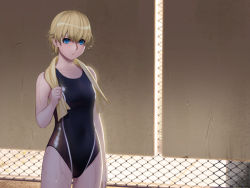 Rule 34 | 1girl, blonde hair, blue eyes, competition swimsuit, female focus, ino (magloid), one-piece swimsuit, otome function, short hair, solo, swimsuit, tatiana vasilievna stalina, towel, wet