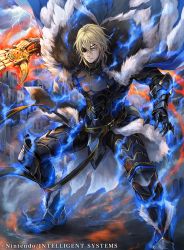 Rule 34 | 1boy, areadbhar (weapon), armored boots, aura, blonde hair, blue eyes, boots, cape, cloud, dimitri alexandre blaiddyd, electricity, eyepatch, fire emblem, fire emblem: three houses, fire emblem cipher, fur trim, gloves, glowing, hagiya kaoru, heroes relic (fire emblem), male focus, manly, nintendo, official art, polearm, solo, spear, weapon