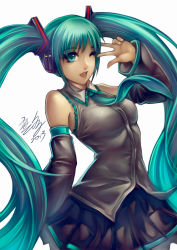 Rule 34 | 10s, 1girl, 2013, detached sleeves, green eyes, green hair, hatsune miku, headphones, long hair, matching hair/eyes, necktie, one eye closed, open mouth, simple background, skirt, solo, twintails, very long hair, vocaloid, white background, wink, wuduo