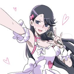 Rule 34 | 10s, 1girl, @ @, alternate costume, armpits, blush, choker, dress, embarrassed, eyelashes, hair ornament, heart, heart hair ornament, heartcatch precure!, long hair, looking at viewer, microphone, music, open mouth, outstretched arm, precure, purple eyes, purple hair, simple background, singing, sketch, solo, sweatdrop, tsukikage oyama, tsukikage yuri, white background, white dress