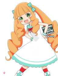 Rule 34 | 1girl, :d, absurdres, blush stickers, bow, bracelet, dress, eiga daisuki pompo-san, green bow, green eyes, hair bow, highres, jewelry, joelle pomponett, leaning to the side, long hair, looking at viewer, nao suke, open mouth, orange hair, red bow, red legwear, sidelocks, simple background, smile, solo, twintails, white background, white dress, white footwear