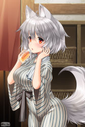 Rule 34 | 1girl, ahoge, animal ear fluff, animal ears, blush, bottle, breasts, changing room, hair between eyes, hands up, holding, holding bottle, indoors, inubashiri momiji, japanese clothes, kei kei, kimono, large breasts, long sleeves, looking at viewer, obi, red eyes, sash, short hair, solo, standing, tail, touhou, towel, towel around neck, wolf ears, wolf tail