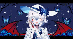 Rule 34 | 1girl, :d, ^ ^, black choker, blood, blood on hands, blue bow, blush stickers, bow, bug, butterfly, choker, closed eyes, commentary request, demon wings, dress, eyeball, facing viewer, fangs, hair between eyes, hands up, hat, hat bow, highres, horns, insect, letterboxed, open mouth, original, outside border, sailor collar, sheya, short hair, smile, solo, sparkle, straight-on, upper body, white dress, white hair, white hat, white sailor collar, wings