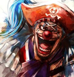 Rule 34 | 1boy, artist name, black eyes, blue hair, buggy the clown, clown nose, commentary request, facepaint, facial hair, gloves, hat, looking at viewer, male focus, one piece, open mouth, orange hat, pirate hat, red nose, skull and crossbones, smile, solo, teeth, torapunch, twitter username, white gloves