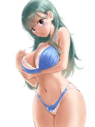 Rule 34 | 1girl, 4lovertwomind, alternate eye color, bare shoulders, bikini, blue bikini, bra, breasts, cleavage, cowboy shot, curvy, from side, green hair, grey eyes, hair ornament, hairclip, highres, kantai collection, lace, lace-trimmed bra, lace-trimmed panties, lace trim, large breasts, long hair, looking at viewer, navel, panties, simple background, solo, suzuya (kancolle), swimsuit, tan, thick thighs, thighs, underwear, underwear only, white background, wide hips