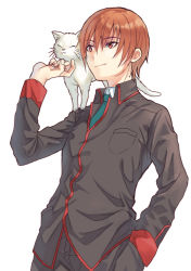 Rule 34 | 1boy, black pants, brown hair, cat, commentary request, commission, cowboy shot, hand in pocket, lennon, little busters!, male focus, mitsuyo (mituyo324), natsume kyousuke, pants, red eyes, school uniform, simple background, white background