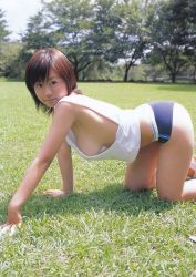 Rule 34 | 1girl, all fours, arched back, armpits, asian, av idol, blurry, breasts, depth of field, hair between eyes, hitomi kitamura, large breasts, no bra, photo (medium), sideboob, solo