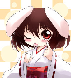 Rule 34 | 1girl, ;p, akanbe, animal ears, blush, brown hair, checkered background, eyelid pull, female focus, highres, inaba tewi, japanese clothes, miko, one eye closed, rabbit ears, red eyes, short hair, solo, tongue, tongue out, touhou, yume shokunin