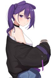 Rule 34 | 1girl, baggy clothes, bare shoulders, black choker, black jacket, blush, breasts, choker, closed mouth, coffee cup, commentary, cup, disposable cup, earrings, from side, hair between eyes, highres, holding, holding cup, hololive, hololive english, jacket, jewelry, koupi (ku roiko), ku roiko, long hair, looking at viewer, medium breasts, off shoulder, puffy sleeves, purple eyes, purple hair, shirt, sidelocks, simple background, solo, takodachi (ninomae ina&#039;nis), virtual youtuber, white background, white shirt