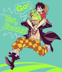 Rule 34 | 2boys, abs, bartolomeo, belt, boots, carrying, checkered pants, dressrosa, fangs, green hair, hat, jacket, jolly roger, male focus, monkey d. luffy, multiple boys, nose piercing, nose ring, one piece, open clothes, open jacket, open shirt, piercing, piggyback, running, sandals, shirt, shorts, smile, stampede string, straw hat, tattoo