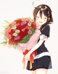 Rule 34 | 10s, 1girl, 2016, ahoge, black hair, blush, bouquet, braid, closed eyes, cowboy shot, dated, flower, grey background, hair between eyes, hair flaps, hair ornament, hair over shoulder, hairpin, happy, holding, holding bouquet, holding flower, jewelry, kantai collection, long hair, naoto (tulip), open mouth, pleated skirt, ribbon, ring, rose, school uniform, serafuku, shigure (kancolle), shigure kai ni (kancolle), short sleeves, simple background, single braid, skirt, smile, solo, wedding band