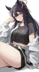 Rule 34 | 1girl, absurdres, alternate costume, animal ears, bandaid, bandaid on face, bandaid on nose, belt, black hair, black shirt, black shorts, clothes writing, commentary request, crop top, hair between eyes, highres, horse ears, jacket, long hair, long sleeves, looking at viewer, manunnu, midriff, narita brian (umamusume), off shoulder, open clothes, open jacket, shadow, shirt, short shorts, short sleeves, shorts, sitting, solo, thighs, umamusume, very long hair, white background, white belt, white jacket, yellow eyes