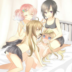 Rule 34 | 4girls, @ @, ahoge, black hair, black skirt, blonde hair, blue eyes, blue nails, blush, bra, breasts, cellphone, cleavage, closed mouth, collarbone, embarrassed, closed eyes, girl on top, hair ornament, hands on another&#039;s head, highres, long hair, medium breasts, multiple girls, nail polish, on bed, open mouth, original, panties, phone, pillow, pink hair, purple eyes, rojiura-cat, short hair, sitting, skirt, smartphone, smile, sports bra, topless, twintails, underwear, v, wariza, wavy mouth, white bra, white panties, yellow eyes, yuri