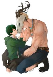 Rule 34 | 2boys, absurdres, animal hands, antlers, bakugou katsuki, barefoot, belt, blue pants, boku no hero academia, brown belt, claws, collared shirt, commentary, english commentary, freckles, from side, green hair, green hoodie, highres, hood, hoodie, horns, jewelry, kiss, looking down, male focus, midoriya izuku, multiple boys, muscular, muscular male, necklace, open clothes, pants, rin (rinriemie), scar, scar on hand, shirt, short hair, skull, topless male, white shirt, yaoi