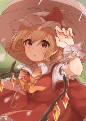 Rule 34 | 1girl, adjusting hair, ascot, blonde hair, bow, crystal, flandre scarlet, frilled shirt, frilled shirt collar, frilled skirt, frilled sleeves, frills, hat, hat ribbon, holding, holding umbrella, laspberry., medium hair, mob cap, one side up, outdoors, parasol, puffy short sleeves, puffy sleeves, rain, red bow, red eyes, red ribbon, red skirt, red vest, ribbon, shirt, short sleeves, skirt, solo, tareme, touhou, umbrella, vest, white shirt, wings, yellow ascot