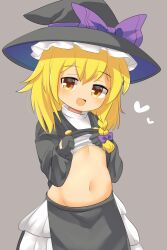Rule 34 | 1boy, black coat, black gloves, black hat, black skirt, blonde hair, bow, braid, buttons, clothes lift, coat, coat lift, commentary request, cookie (touhou), cowboy shot, crossdressing, genderswap, genderswap (ftm), gloves, grey background, hair bow, hat, highres, kirisame marisa, lets0020, long hair, looking at viewer, male focus, medium bangs, open mouth, petticoat, purple bow, rei (cookie), shirt lift, simple background, single braid, skirt, smile, solo, touhou, trap, witch hat, yellow eyes
