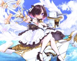Rule 34 | 1girl, azur lane, bell, black dress, black footwear, blue sky, breasts, cleavage, cloud, cloudy sky, cone hair bun, double bun, dress, elbow gloves, feathered wings, frilled dress, frills, gloves, hair bun, hair over one eye, hair ribbon, hat, highres, holding, holding staff, jervis (azur lane), koma mksm, large breasts, layered dress, looking at viewer, neck bell, nurse cap, ocean, open mouth, pantyhose, purple eyes, purple hair, ribbon, short hair, sitting, sky, solo, staff, turret, twitter username, water, white dress, white gloves, white pantyhose, white ribbon, white wings, wings