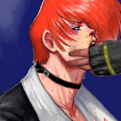Rule 34 | 1boy, blood, blood on clothes, bruise, bruise on face, bruised eye, choker, dark-skinned male, dark skin, injury, looking up, male focus, open mouth, out of frame, profile, red eyes, red hair, sweat, the king of fighters, upper body, yagami iori