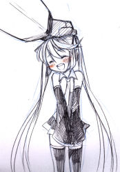 Rule 34 | 1girl, bare shoulders, blush, couple, crossover, detached sleeves, happy, hatsune miku, head tilt, headpat, long hair, miniskirt, monochrome, necktie, rkp, size difference, skirt, soundwave (transformers), spot color, thighhighs, transformers, transformers: generation 1, twintails, v arms, very long hair, vocaloid