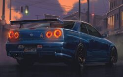Rule 34 | andrew mytro, car, cloud, from behind, glowing, highres, license plate, light trail, motor vehicle, nissan, nissan skyline, nissan skyline gt-r, nissan skyline r34, original, power lines, spoiler (automobile), stitched, sunset, third-party edit, traffic light, utility pole, vehicle focus