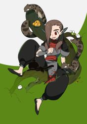 Rule 34 | 1boy, animal, bidiu (the legend of luoxiaohei), black footwear, black pants, branch, brown hair, frog, full body, hair over one eye, highres, leaf, long hair, luozhu (the legend of luoxiaohei), male focus, open mouth, pants, pointy ears, red eyes, short sleeves, sitting, smile, solo, take (illustrator), luo xiaohei zhanji