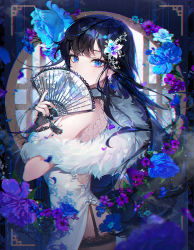 Rule 34 | 1girl, backless dress, backless outfit, bare shoulders, black hair, blue eyes, blue flower, breasts, china dress, chinese clothes, choker, chromatic aberration, covering own mouth, cowboy shot, dress, earrings, feather boa, flower, from side, garter straps, hair flower, hair ornament, hairclip, hand fan, holding, holding fan, jewelry, large breasts, long hair, looking at viewer, original, pelvic curtain, sleeveless, sleeveless dress, solo, standing, thighhighs, ttosom, white choker, white dress